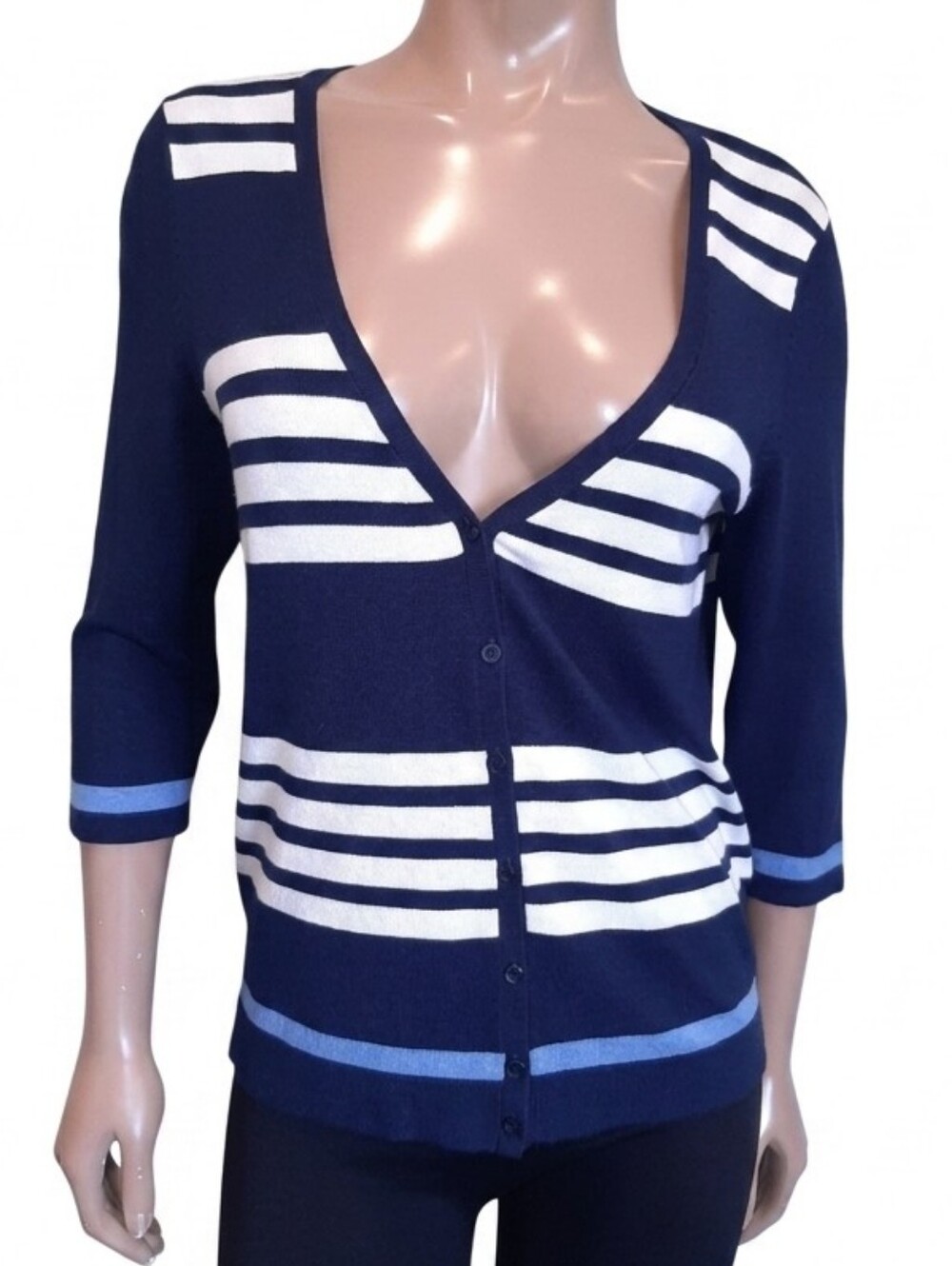 Leo & Nicole Striped Cardigan Sweater Crop Sleeve Blue Buttoned Knit Size Small
